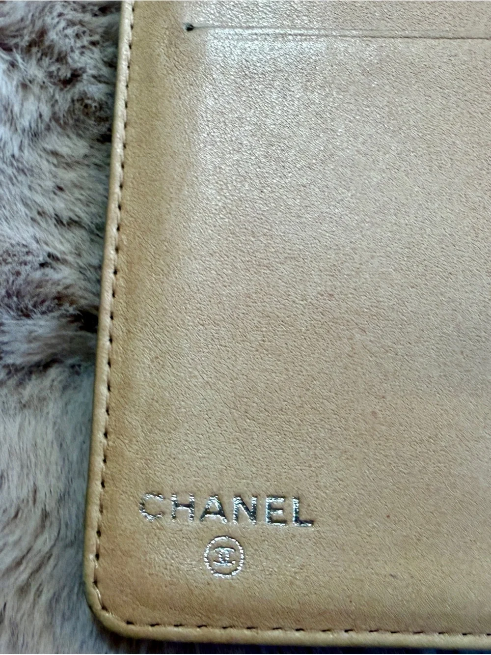 CHANEL Beige Camellia Embossed Leather Wallet with Gold CC